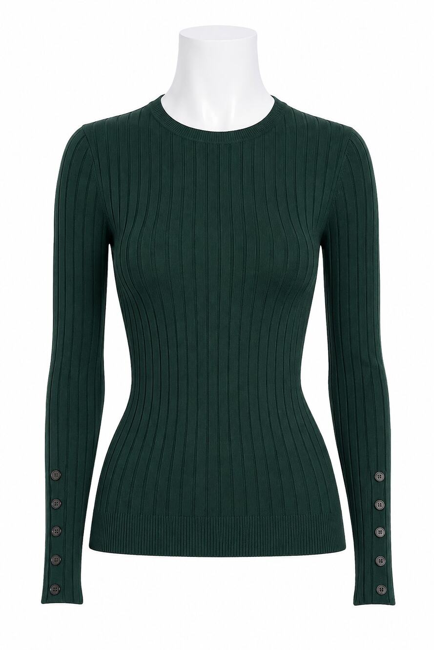 Topshop Ribbed Button Sleeve Sweater Green Fitted Knit Top - Size 4